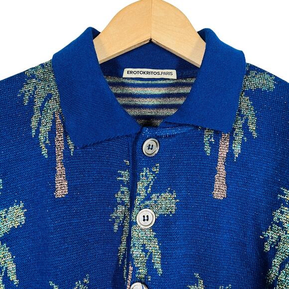 Erotokritos Metallic Silk Knit Top Short Sleeve Palm Tree Sweater Stripe - 1 - Picture 3 of 6